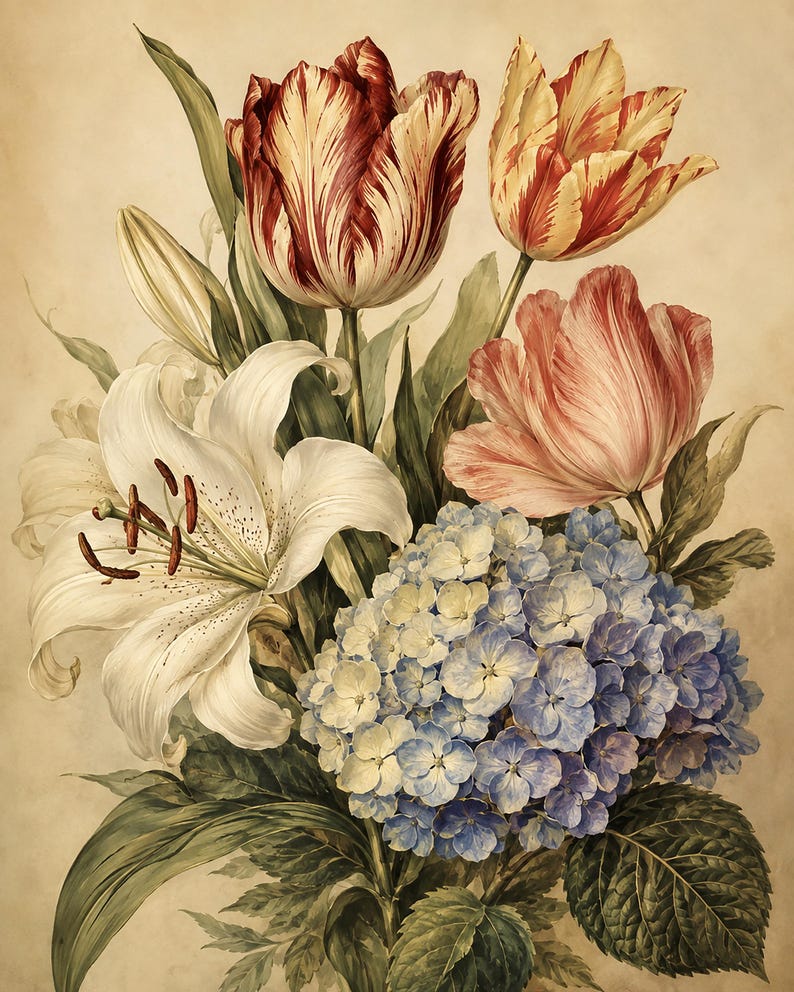 May include: A botanical illustration featuring a large white lily with dark stamens, a cluster of blue and light purple hydrangea blossoms, and three tulips in shades of deep red, yellow, and soft pink, all set against a neutral background.