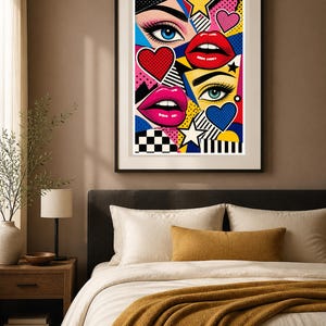 Peut inclure: Une impression d'art mural encadr&eacute;e pr&eacute;sentant un collage pop art vibrant. La composition comprend deux yeux d&eacute;taill&eacute;s, deux paires de l&egrave;vres rouges et roses, des &eacute;toiles jaunes et blanches, des c&oelig;urs bleus et rouges, et des motifs g&eacute;om&eacute;triques.