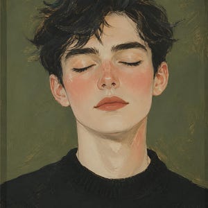 May include: A digital painting of a person with dark, messy hair and closed eyes. The subject has a fair complexion with visible freckles and rosy cheeks, wearing a black ribbed sweater against a solid, muted olive green background.
