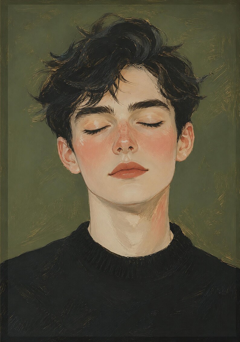 May include: A digital painting of a person with dark, messy hair and closed eyes. The subject has a fair complexion with visible freckles and rosy cheeks, wearing a black ribbed sweater against a solid, muted olive green background.