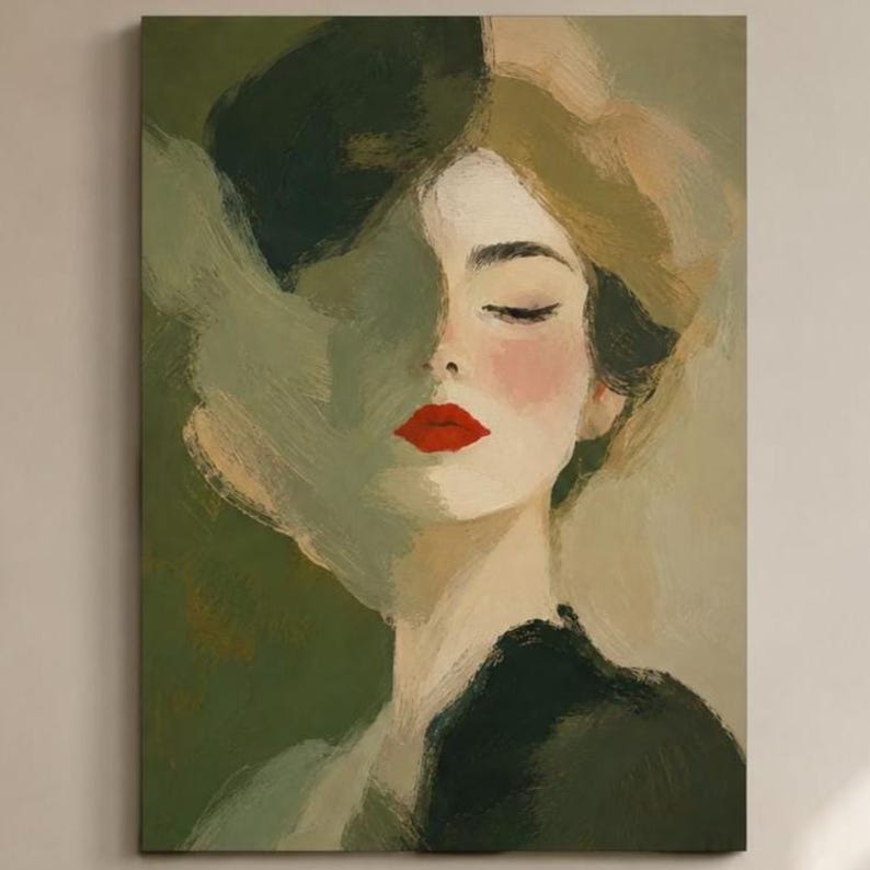 May include: An oil painting on canvas depicting a portrait of a person with closed eyes. The subject features bold, bright red lips, soft pink cheeks, and dark hair, rendered with visible brushstrokes in shades of olive green, beige, and tan.