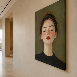 Puede incluir: Un cuadro rectangular sobre lienzo que muestra el retrato de una persona con los ojos cerrados, mejillas sonrosadas y labios de color rojo brillante. El sujeto tiene el pelo oscuro recogido y viste una prenda negra sobre un fondo verde oliva.