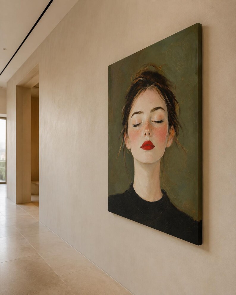 Puede incluir: Un cuadro rectangular sobre lienzo que muestra el retrato de una persona con los ojos cerrados, mejillas sonrosadas y labios de color rojo brillante. El sujeto tiene el pelo oscuro recogido y viste una prenda negra sobre un fondo verde oliva.