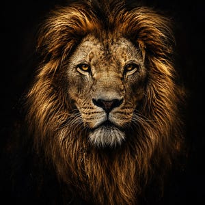 May include: A portrait of a male lion with a thick, golden-brown mane and amber eyes, captured in a direct, forward-facing view against a solid black background. The fur displays detailed textures, highlighting the contrast between the light and dark tones.