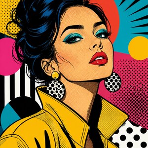 May include: A pop art illustration of a person with dark hair styled in an updo, wearing a yellow collared jacket and large circular earrings with a black and white polka dot pattern. The person has bright blue eyeshadow and red lipstick.