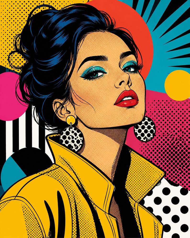 May include: A pop art illustration of a person with dark hair styled in an updo, wearing a yellow collared jacket and large circular earrings with a black and white polka dot pattern. The person has bright blue eyeshadow and red lipstick.