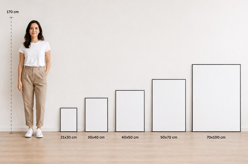 Puede incluir: Cinco p&oacute;steres rectangulares blancos en blanco con marcos negros delgados, dispuestos en tama&ntilde;o creciente de 21x30 cm a 70x100 cm. Una figura de referencia se encuentra al lado, con una l&iacute;nea discontinua que indica una altura de 170 cm.