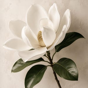 Puede incluir: Una flor de magnolia blanca en plena floraci&oacute;n con p&eacute;talos grandes, lisos y redondeados y un estambre central de color amarillo p&aacute;lido texturizado. La flor est&aacute; unida a un tallo marr&oacute;n con varias hojas ovaladas de color verde oscuro.