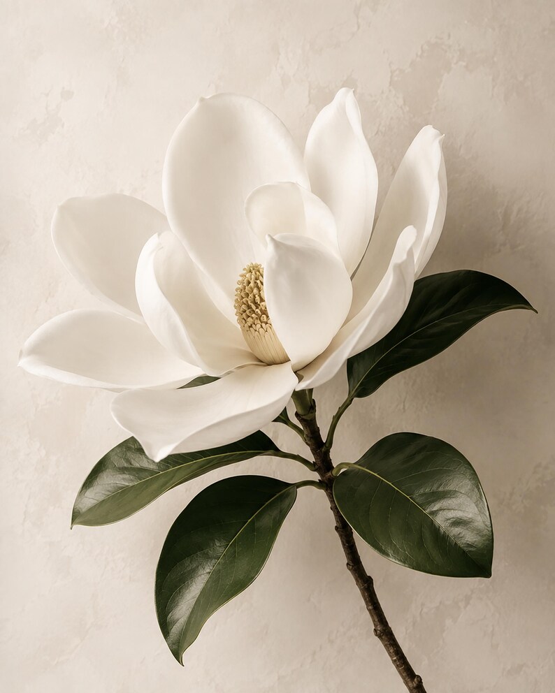 Puede incluir: Una flor de magnolia blanca en plena floraci&oacute;n con p&eacute;talos grandes, lisos y redondeados y un estambre central de color amarillo p&aacute;lido texturizado. La flor est&aacute; unida a un tallo marr&oacute;n con varias hojas ovaladas de color verde oscuro.