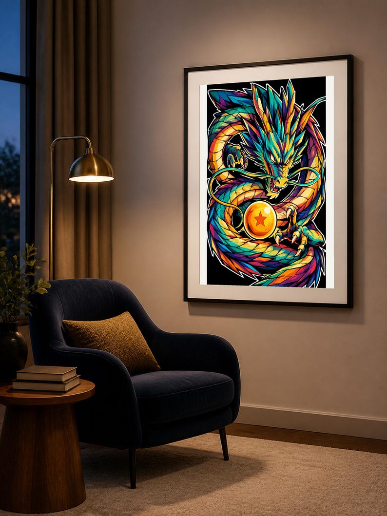 K&ouml;nnte beinhalten: Ein gerahmter Wandkunstdruck, der einen farbenfrohen Drachen mit Schuppen in Blau-, Gr&uuml;n-, Gelb- und Violettt&ouml;nen zeigt. Der Drache ist um eine leuchtend orangefarbene Kugel mit einem einzelnen roten Stern in der Mitte gewickelt, vor einem schwarzen Hintergrund.