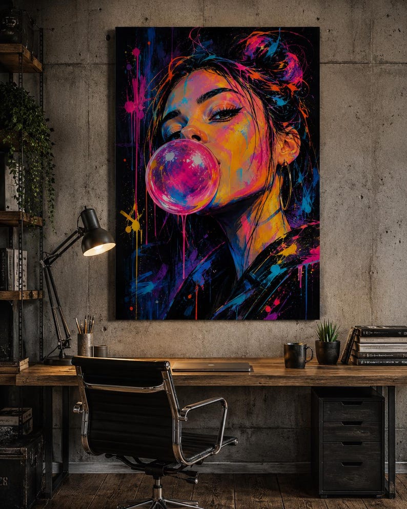 Puede incluir: Una vibrante impresi&oacute;n de arte mural que presenta un retrato estilizado de una persona soplando una gran burbuja de chicle de color rosa brillante. La obra utiliza un fondo oscuro con salpicaduras energ&eacute;ticas de pintura azul ne&oacute;n, amarilla y magenta.