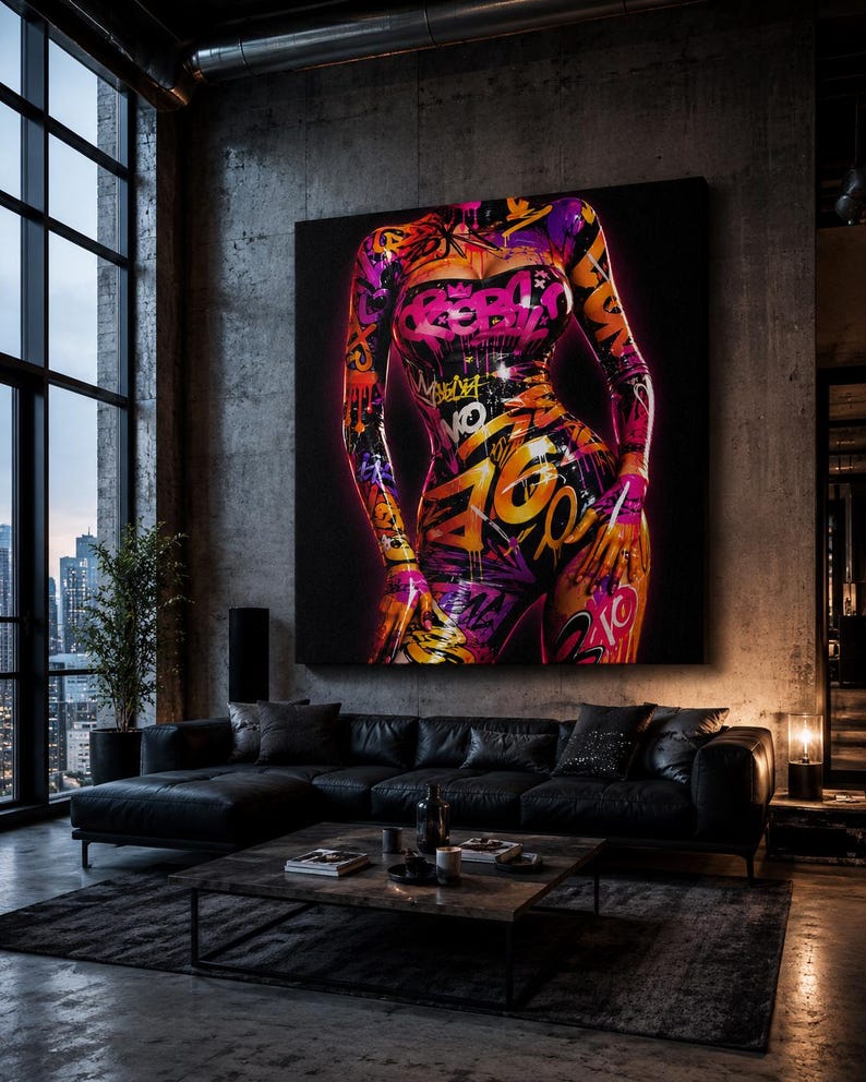 Puede incluir: Una gran pieza de arte mural cuadrada que presenta una ilustraci&oacute;n de estilo grafiti vibrante de un torso. La obra muestra patrones de pintura en aerosol de color rosa ne&oacute;n, naranja y morado sobre un fondo negro, con texto y formas abstractas.