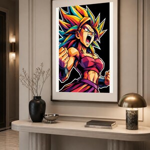 May include: A framed wall art print featuring a vibrant, stylised illustration of a character with spiky, multi-coloured hair, a red top, and a purple skirt. The character is shown in a dynamic, shouting pose with clenched fists against a black background.