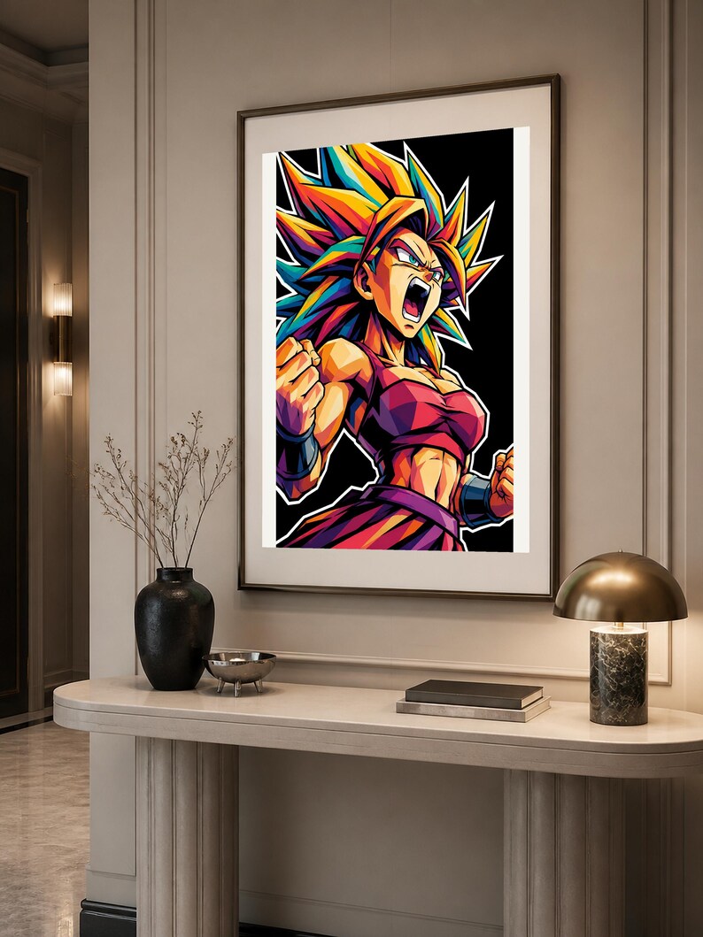May include: A framed wall art print featuring a vibrant, stylised illustration of a character with spiky, multi-coloured hair, a red top, and a purple skirt. The character is shown in a dynamic, shouting pose with clenched fists against a black background.