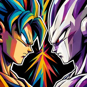 Peut inclure: Une illustration de style pop-art vibrante repr&eacute;sentant deux personnages se faisant face de profil. &Agrave; gauche, un personnage aux cheveux bleus en pointe avec une tenue orange et bleue. &Agrave; droite, un personnage blanc et violet aux yeux rouges.