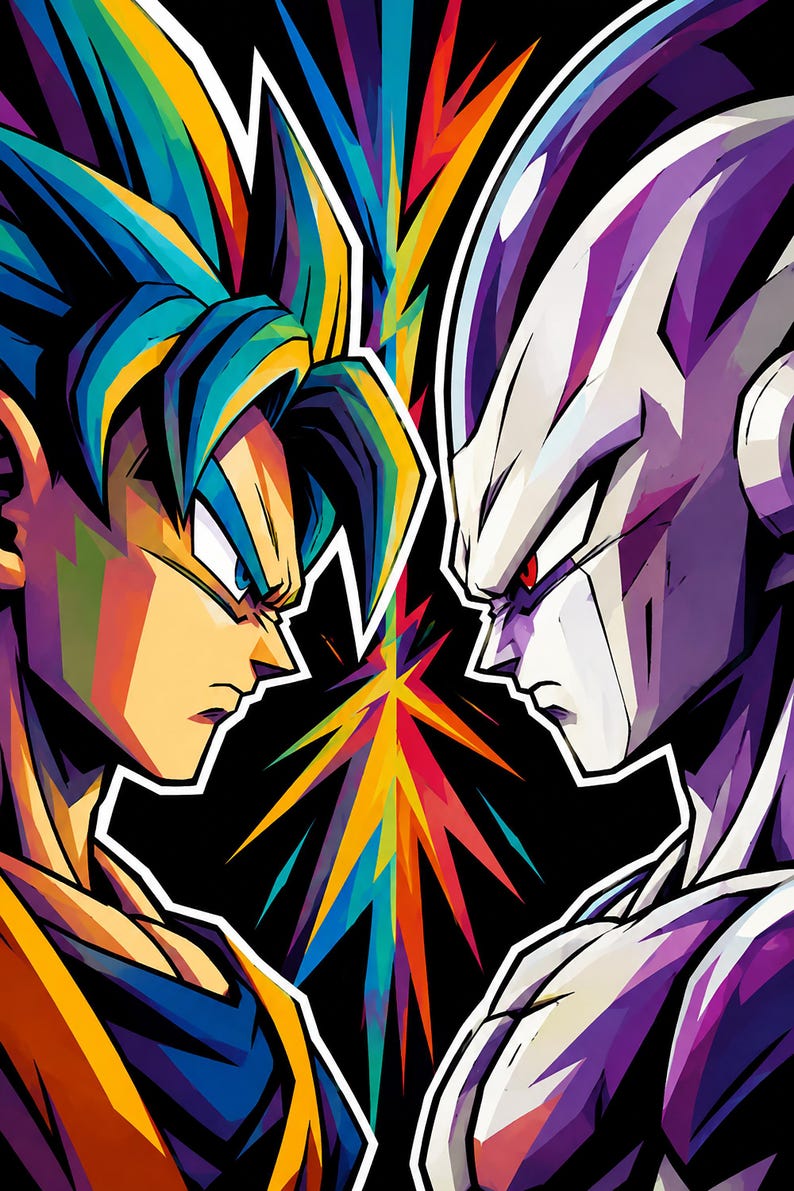 Peut inclure: Une illustration de style pop-art vibrante repr&eacute;sentant deux personnages se faisant face de profil. &Agrave; gauche, un personnage aux cheveux bleus en pointe avec une tenue orange et bleue. &Agrave; droite, un personnage blanc et violet aux yeux rouges.