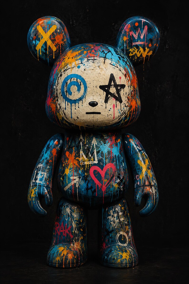 Op de afbeelding: Een beer-vormig verzamelfiguur met een cr&egrave;mekleurig gezicht en een blauw lichaam bedekt met levendige graffiti-stijl verfspatten. Het ontwerp bevat handgetekende symbolen zoals een zwarte ster, een roze hart, kronen en pijlen in oranje en blauw.