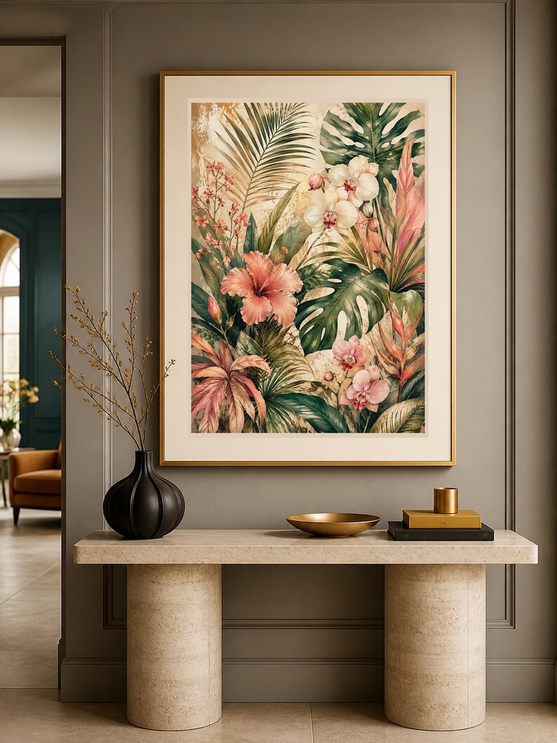 May include: A framed vertical wall art print featuring a lush tropical botanical scene with vibrant pink hibiscus flowers, white orchids, and large green monstera leaves set against a textured, warm-toned background with golden highlights.
