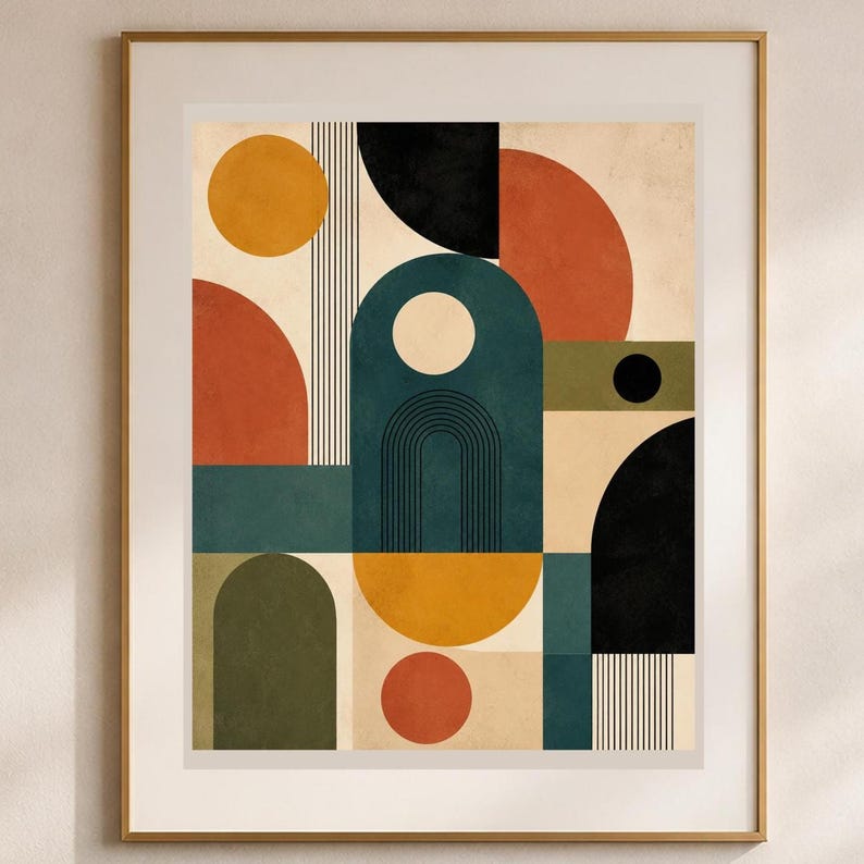 Puede incluir: Una l&aacute;mina de arte enmarcada con una composici&oacute;n geom&eacute;trica de c&iacute;rculos, semic&iacute;rculos y arcos en tonos amarillo mostaza, naranja quemado, verde azulado profundo, verde oliva y negro, con finas l&iacute;neas verticales negras sobre fondo crema.