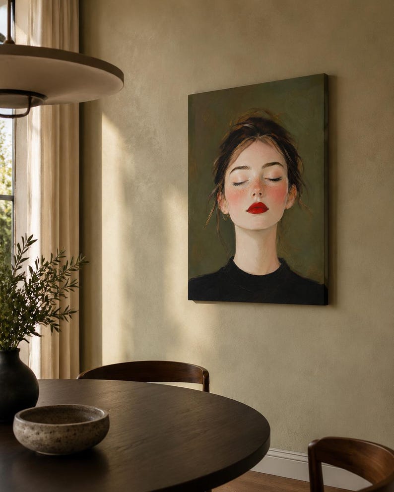 Puede incluir: Una impresi&oacute;n de arte mural rectangular que muestra el retrato de una persona con los ojos cerrados, cabello oscuro recogido, mejillas sonrosadas y labios de color rojo brillante. El sujeto viste una camisa negra sobre un fondo verde oliva oscuro.
