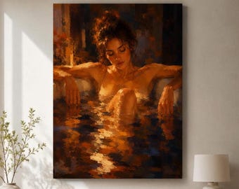 Amber reflecties vrouw in water - canvas wandkunst print