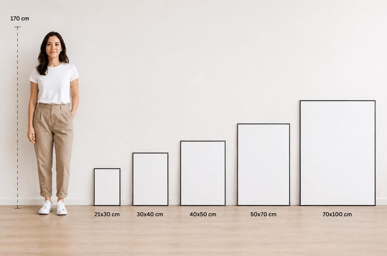 May include: Five rectangular blank white posters in thin black frames, arranged in increasing size from 21x30 cm to 70x100 cm. A reference figure stands next to them, with a vertical dashed line indicating a height of 170 cm for scale.