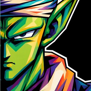 May include: A vibrant pop art style illustration of a green-skinned humanoid character with pointed ears, wearing a multi-colored turban and a matching scarf. The artwork features bold geometric shapes and high-contrast colors against a black background.