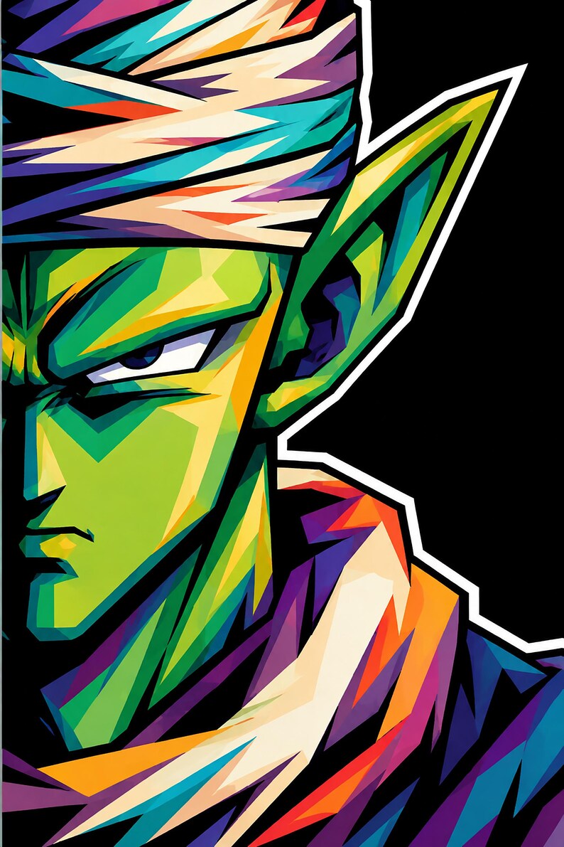 May include: A vibrant pop art style illustration of a green-skinned humanoid character with pointed ears, wearing a multi-colored turban and a matching scarf. The artwork features bold geometric shapes and high-contrast colors against a black background.