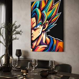 Op de afbeelding: Een rechthoekige canvas wandkunstprint met een gestileerde, levendige grafische illustratie van een personage met stekelig haar, scherpe gelaatstrekken en een vastberaden uitdrukking, uitgevoerd in gedurfde tinten blauw, geel, oranje en paars.