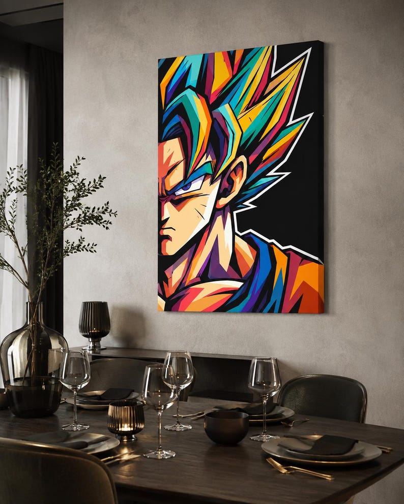 Op de afbeelding: Een rechthoekige canvas wandkunstprint met een gestileerde, levendige grafische illustratie van een personage met stekelig haar, scherpe gelaatstrekken en een vastberaden uitdrukking, uitgevoerd in gedurfde tinten blauw, geel, oranje en paars.