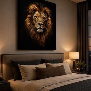 May include: A square wall art print featuring a detailed portrait of a lion with a thick, golden-brown mane against a solid black background. The lion is depicted with a focused gaze, showcasing intricate fur textures and warm amber highlights.