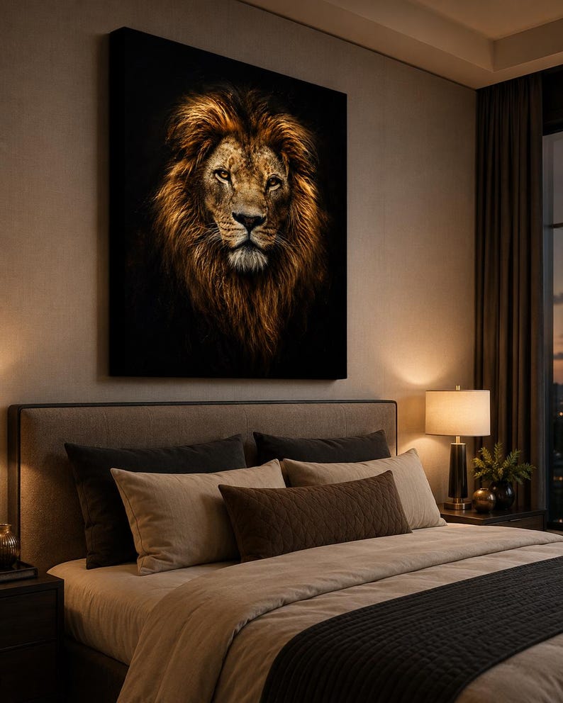 May include: A square wall art print featuring a detailed portrait of a lion with a thick, golden-brown mane against a solid black background. The lion is depicted with a focused gaze, showcasing intricate fur textures and warm amber highlights.