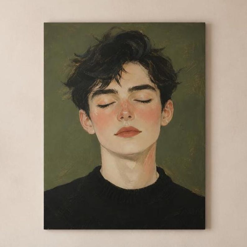 May include: An oil painting portrait of a person with dark, messy hair and closed eyes. The subject has a fair complexion with rosy cheeks and wears a black sweater. The background is a solid, muted olive green with visible brushstroke textures.