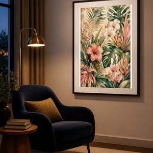 May include: A large rectangular wall art print featuring a vibrant botanical illustration of tropical flowers and lush green foliage, including hibiscus and orchids, encased in a thin black frame and displayed on a neutral-toned wall.