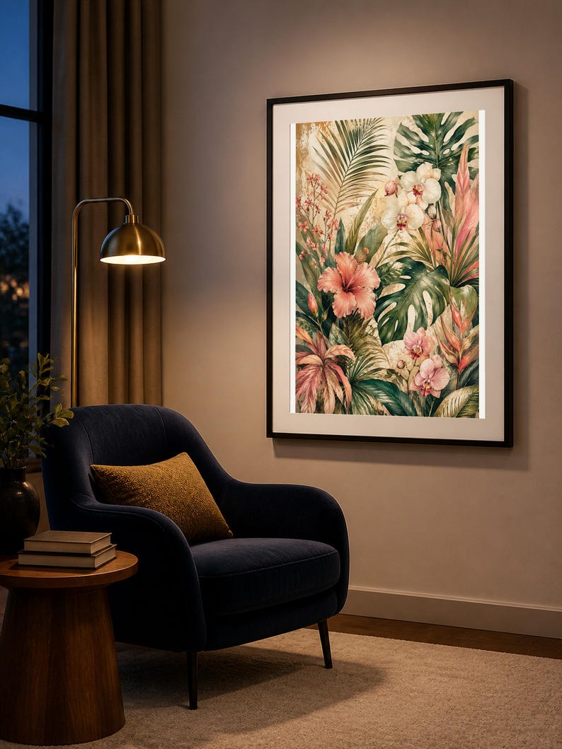 May include: A large rectangular wall art print featuring a vibrant botanical illustration of tropical flowers and lush green foliage, including hibiscus and orchids, encased in a thin black frame and displayed on a neutral-toned wall.