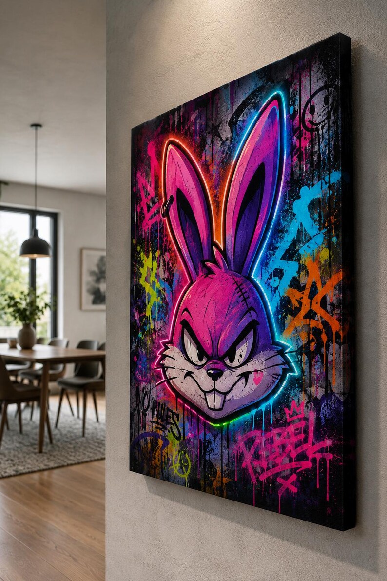 Peut inclure: Une toile murale rectangulaire repr&eacute;sentant une illustration de style graffiti d'une t&ecirc;te de lapin violette avec des contours n&eacute;on lumineux. Le fond est une surface sombre et textur&eacute;e couverte d'&eacute;claboussures de peinture et du mot Rebel.