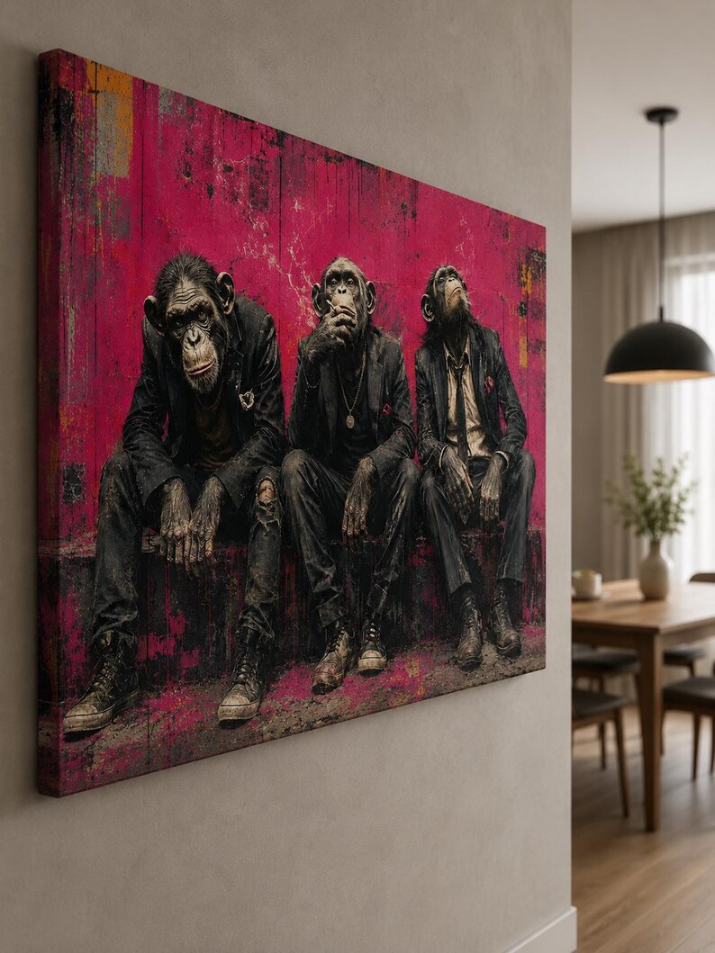 Puede incluir: Un lienzo rectangular que muestra a tres chimpanc&eacute;s vestidos con trajes oscuros y zapatillas, sentados sobre un fondo vibrante de color magenta y negro con efecto desgastado. Los monos aparecen en fila, cada uno con una pose distinta.