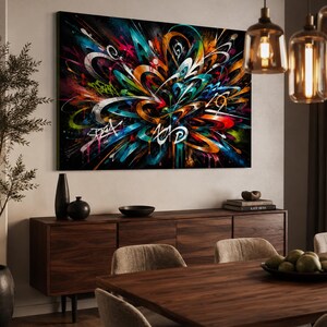 May include: A large rectangular wall art piece featuring a vibrant abstract graffiti composition with swirling lines, bold splashes of blue, orange, red, and green paint, and white stylized lettering set against a deep black background.