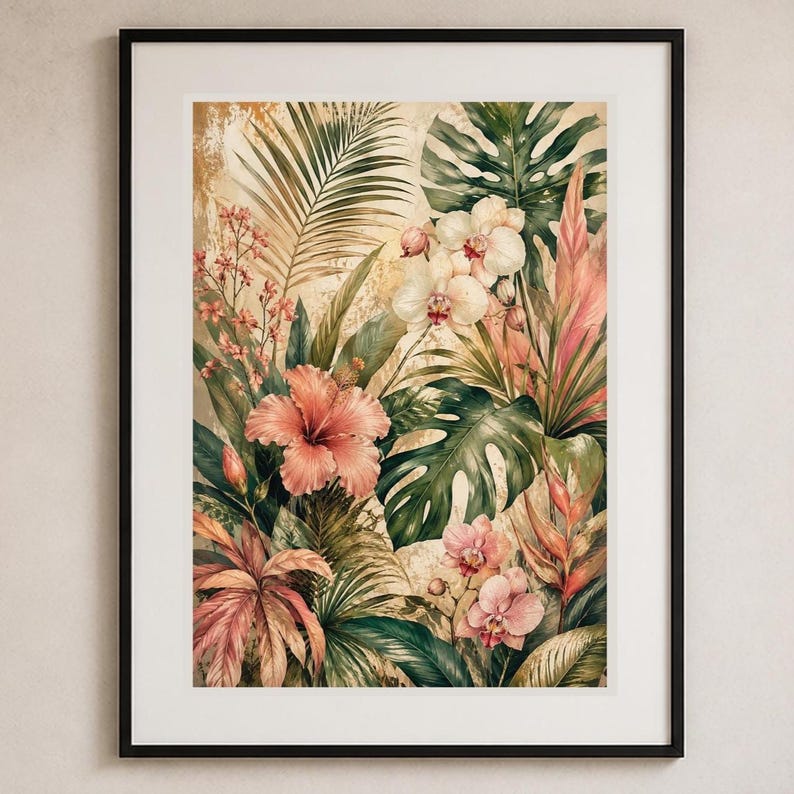 May include: A framed wall art print featuring a lush tropical botanical arrangement. The composition includes large green monstera leaves, palm fronds, pink hibiscus flowers, and white orchids set against a textured, warm beige background.