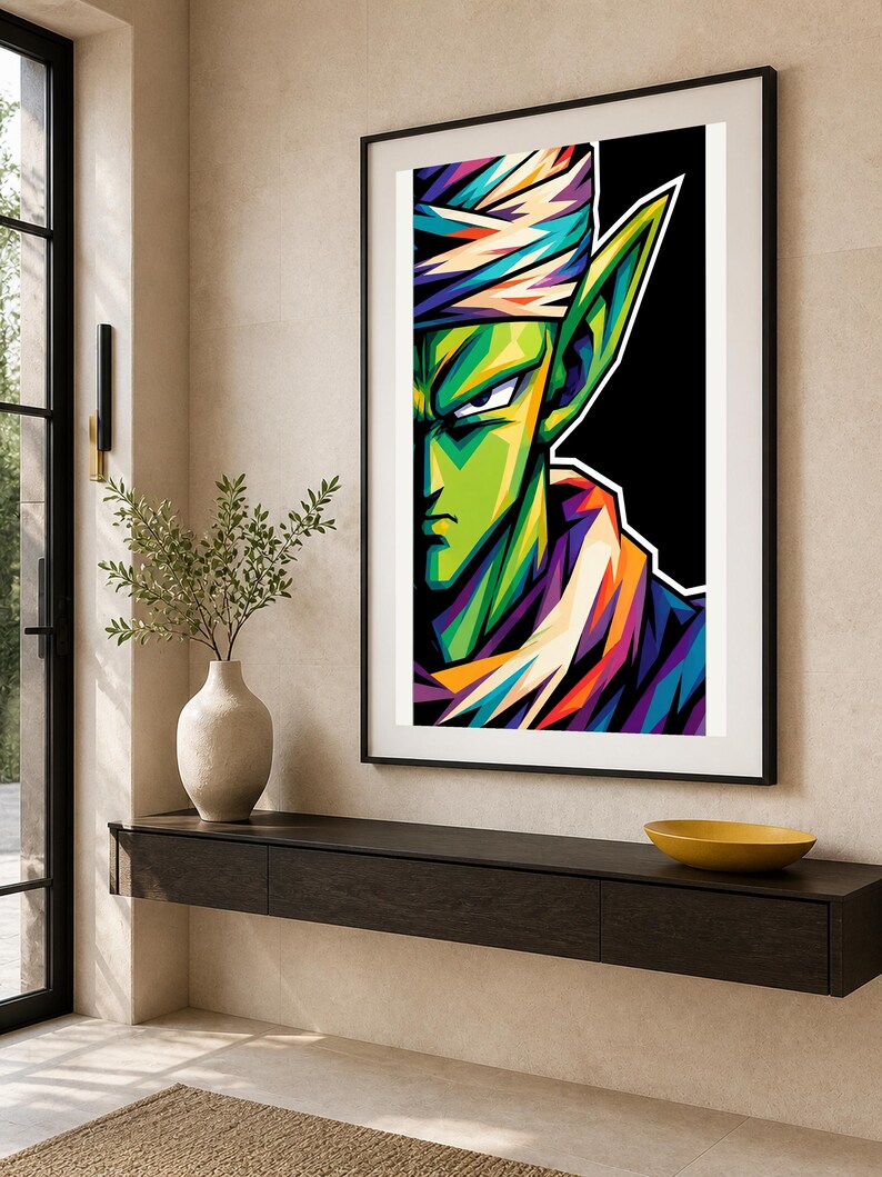 May include: A framed vertical wall art print featuring a stylized, colorful pop-art portrait of a green-skinned character with pointed ears, wearing a white turban and a purple garment, set against a solid black background with vibrant highlights.