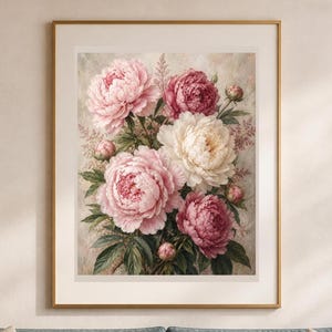 Puede incluir: Una lámina de arte enmarcada que muestra un ramo de peonías en flor en tonos rosa claro, magenta intenso y blanco crema. El arreglo floral incluye varios capullos cerrados y hojas verdes sobre un fondo neutro de textura suave.