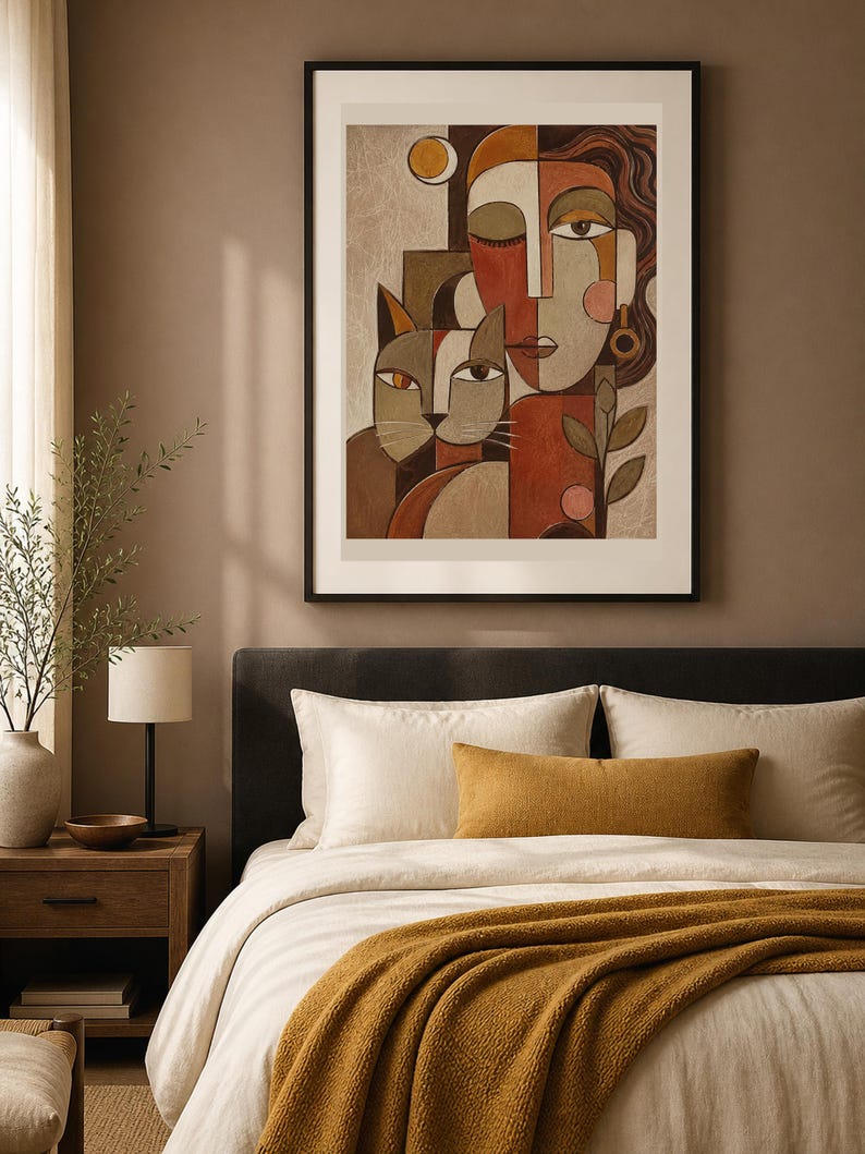 May include: A framed wall art print featuring a stylized cubist-inspired portrait of a person and a cat. The composition uses a warm color palette of terracotta, beige, and brown, with geometric shapes defining the facial features and feline form.