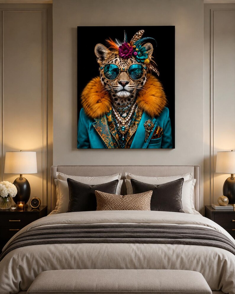 Pu&ograve; includere: Una stampa artistica da parete raffigurante un leopardo con occhiali da sole color ottanio, un colletto in pelliccia sintetica arancione vivace e un blazer ottanio con motivi floreali dorati, decorato con collane di perle e un copricapo floreale.