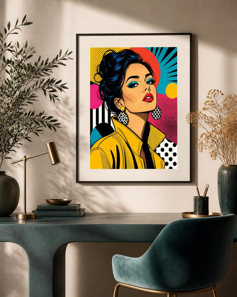May include: A framed pop art print featuring a stylized illustration of a person with dark hair in an updo, wearing a yellow jacket and large polka-dot earrings. The background consists of vibrant geometric shapes, including red, blue, and yellow circles, black stripes, and white dots on a pink field.