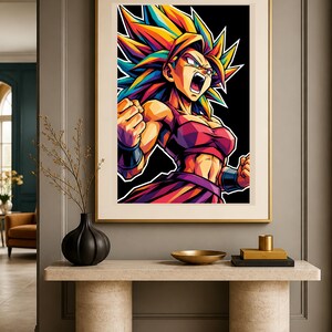 May include: A framed wall art print featuring a vibrant, stylised illustration of a character with spiky, multi-coloured hair in shades of yellow, orange, and blue, wearing a dark red top and wristbands, set against a solid black background.