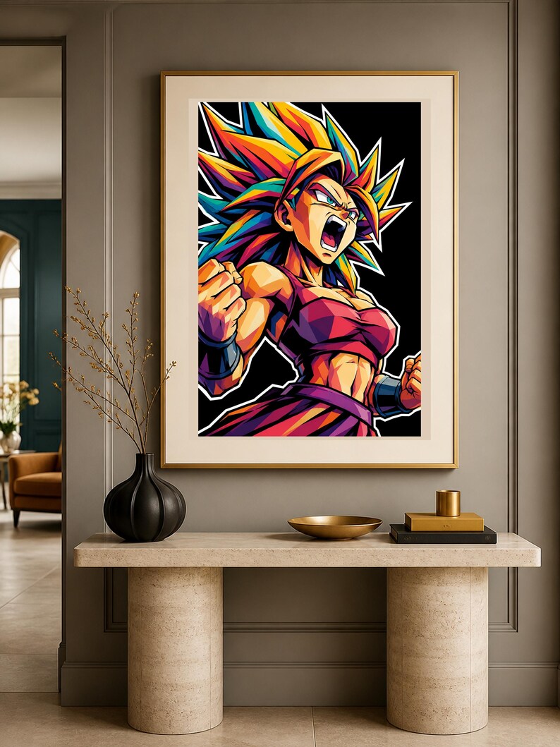 May include: A framed wall art print featuring a vibrant, stylised illustration of a character with spiky, multi-coloured hair in shades of yellow, orange, and blue, wearing a dark red top and wristbands, set against a solid black background.
