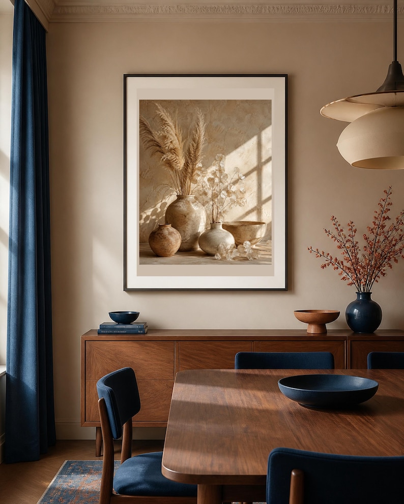 K&ouml;nnte beinhalten: Ein gerahmter Wandkunstdruck mit einem Stillleben aus drei Keramikvasen und einer Schale, gef&uuml;llt mit getrocknetem Pampasgras und zarten Blumen, beleuchtet durch weiches Sonnenlicht, das Fensterkreuzschatten auf den beigen Hintergrund wirft.