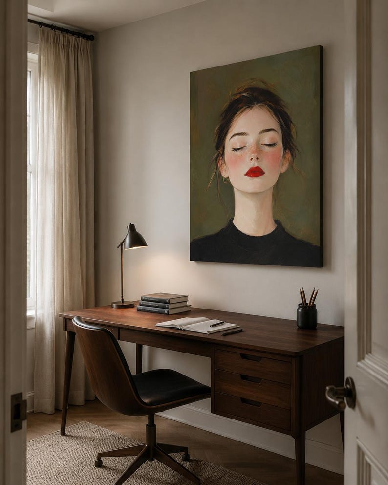Puede incluir: Una gran impresi&oacute;n de arte mural rectangular que muestra el retrato de una persona con los ojos cerrados, mejillas sonrosadas y labios rojos brillantes, vistiendo una prenda negra sobre un fondo verde oliva, colgada sobre un escritorio de madera.