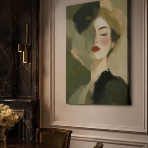 May include: A rectangular canvas wall art piece featuring an impressionistic portrait of a person with closed eyes, rendered in shades of olive green, sage, and cream, with a striking pop of bright red lipstick on the lips and visible brushstrokes.