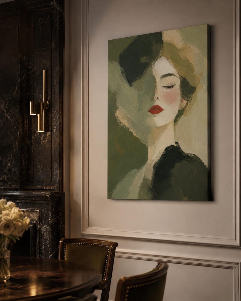 May include: A rectangular canvas wall art piece featuring an impressionistic portrait of a person with closed eyes, rendered in shades of olive green, sage, and cream, with a striking pop of bright red lipstick on the lips and visible brushstrokes.
